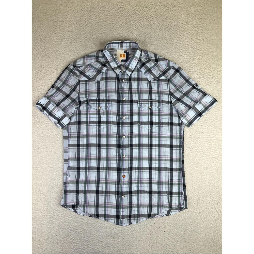 HUGO BOSS Orange EloroE Mens XL Blue Plaid Pearl Snap Short Sleeve Western Shirt